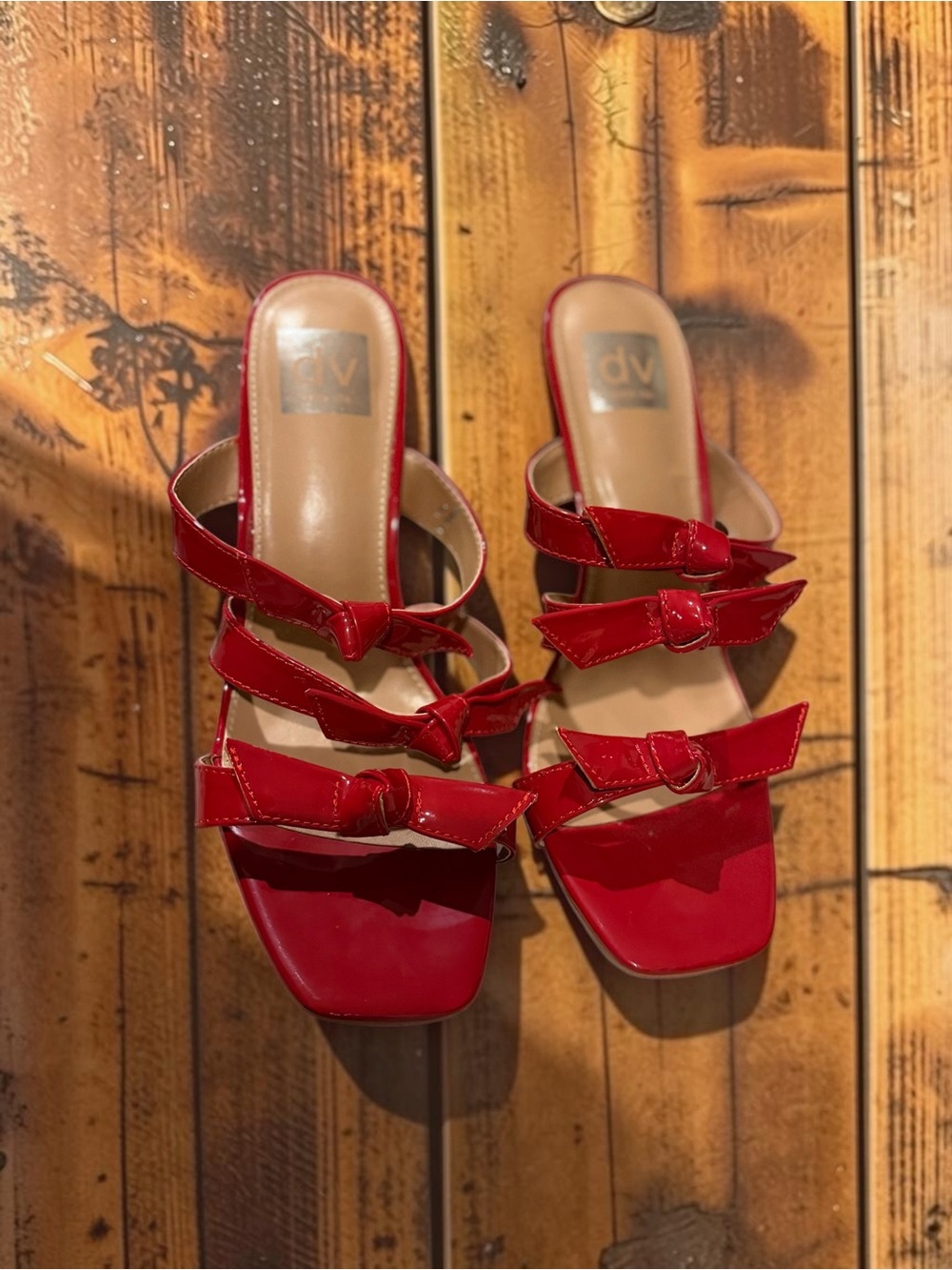 DV Dolce Vita Red Patent Bow Sandals Knotted Strappy Block Heel Sz 9